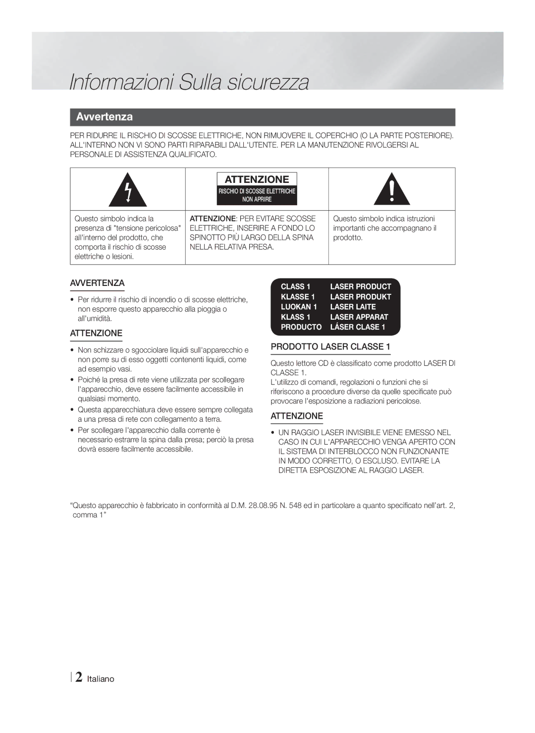 Samsung HT-F4500/XE manual Informazioni Sulla sicurezza, Avvertenza, Spinotto PIÙ Largo Della Spina, Nella Relativa Presa 