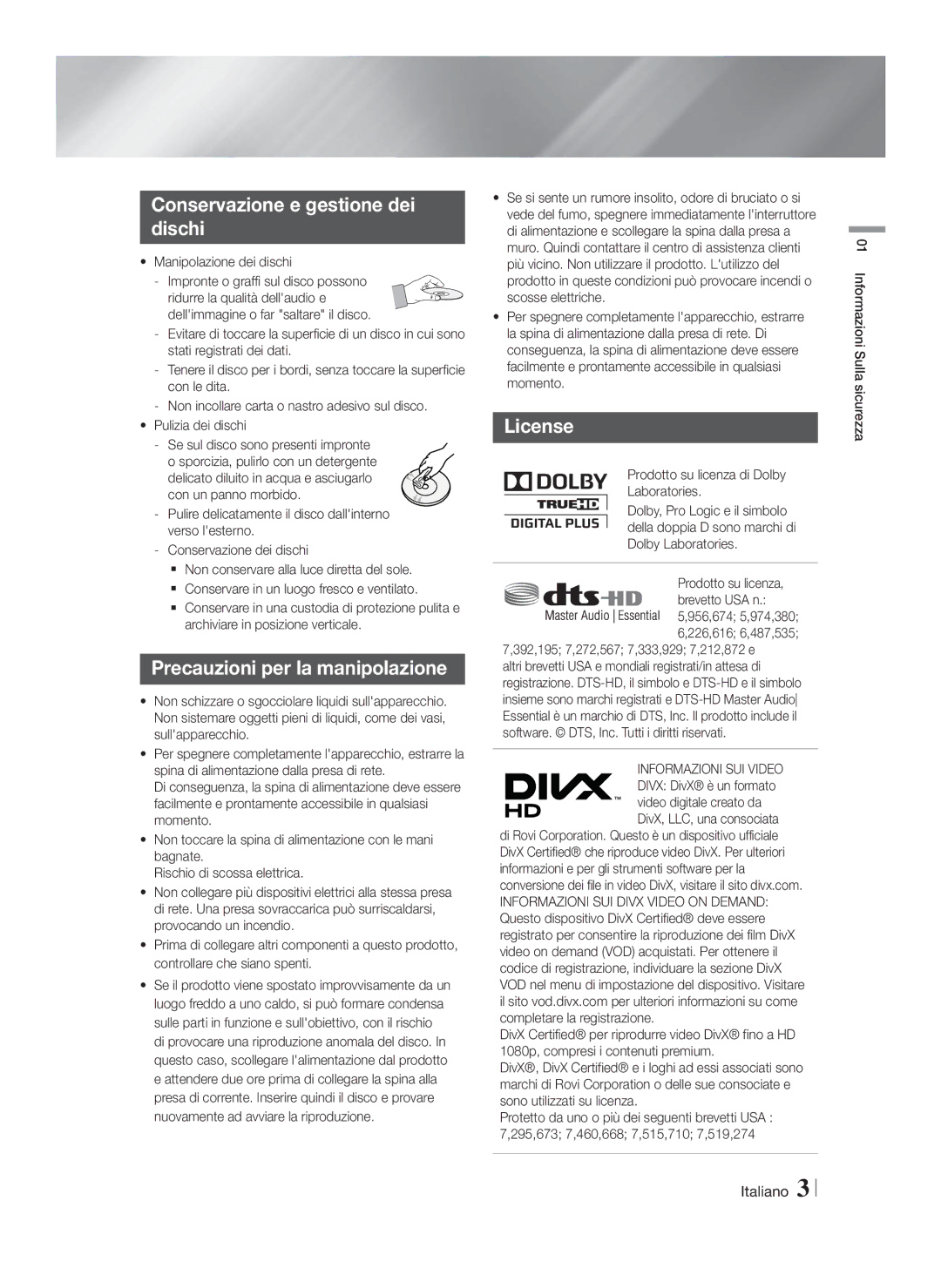 Samsung HT-F4500/TK, HT-F4550/TK manual Conservazione e gestione dei Dischi, Precauzioni per la manipolazione, License 