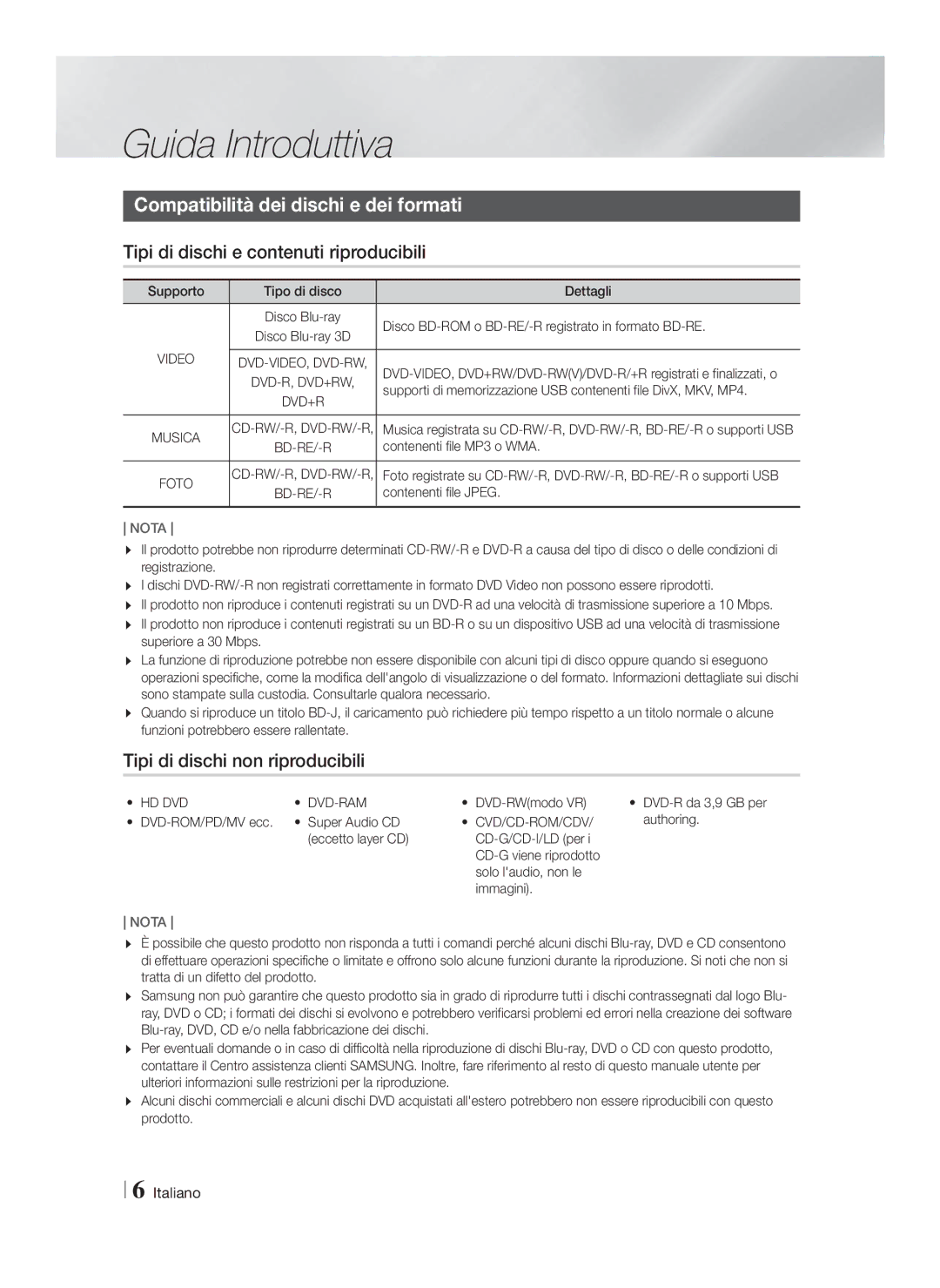 Samsung HT-F4500/EN Guida Introduttiva, Compatibilità dei dischi e dei formati, Tipi di dischi e contenuti riproducibili 