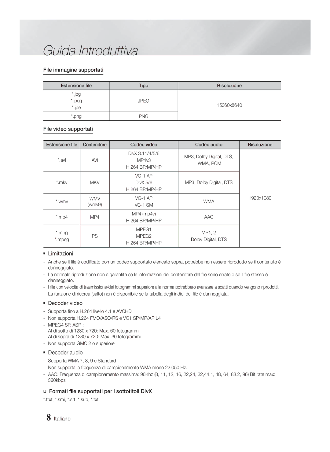 Samsung HT-F4500/ZF manual File immagine supportati, File video supportati,  Limitazioni,  Decoder video,  Decoder audio 