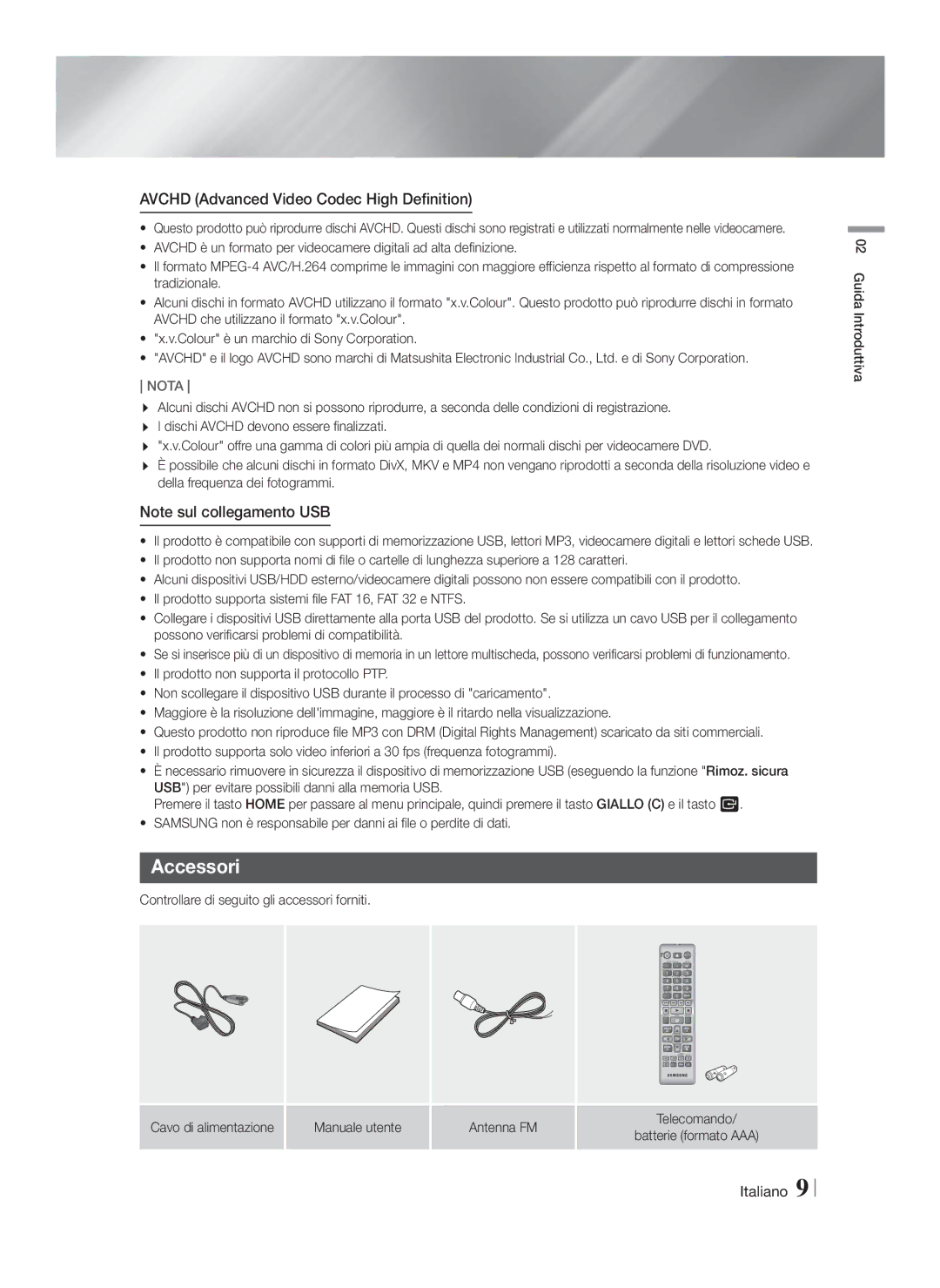 Samsung HT-F4550/SJ, HT-F4500/TK, HT-F4550/TK, HT-F4550/EN manual Accessori, Controllare di seguito gli accessori forniti 