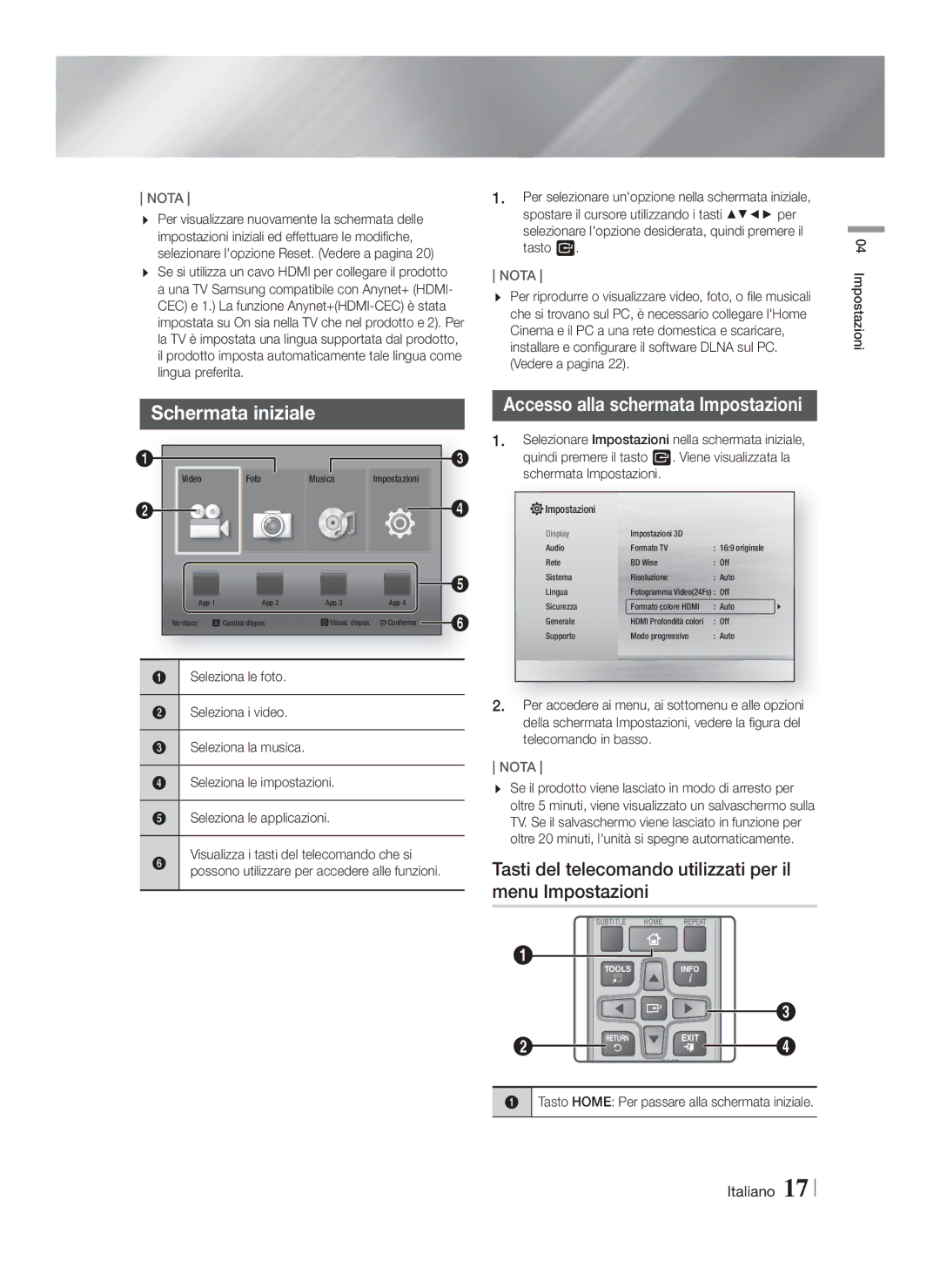 Samsung HT-F4500/ZF, HT-F4500/TK, HT-F4550/TK, HT-F4550/EN, HT-F4500/EN, HT-F4550/ZF Schermata iniziale, Menu Impostazioni 