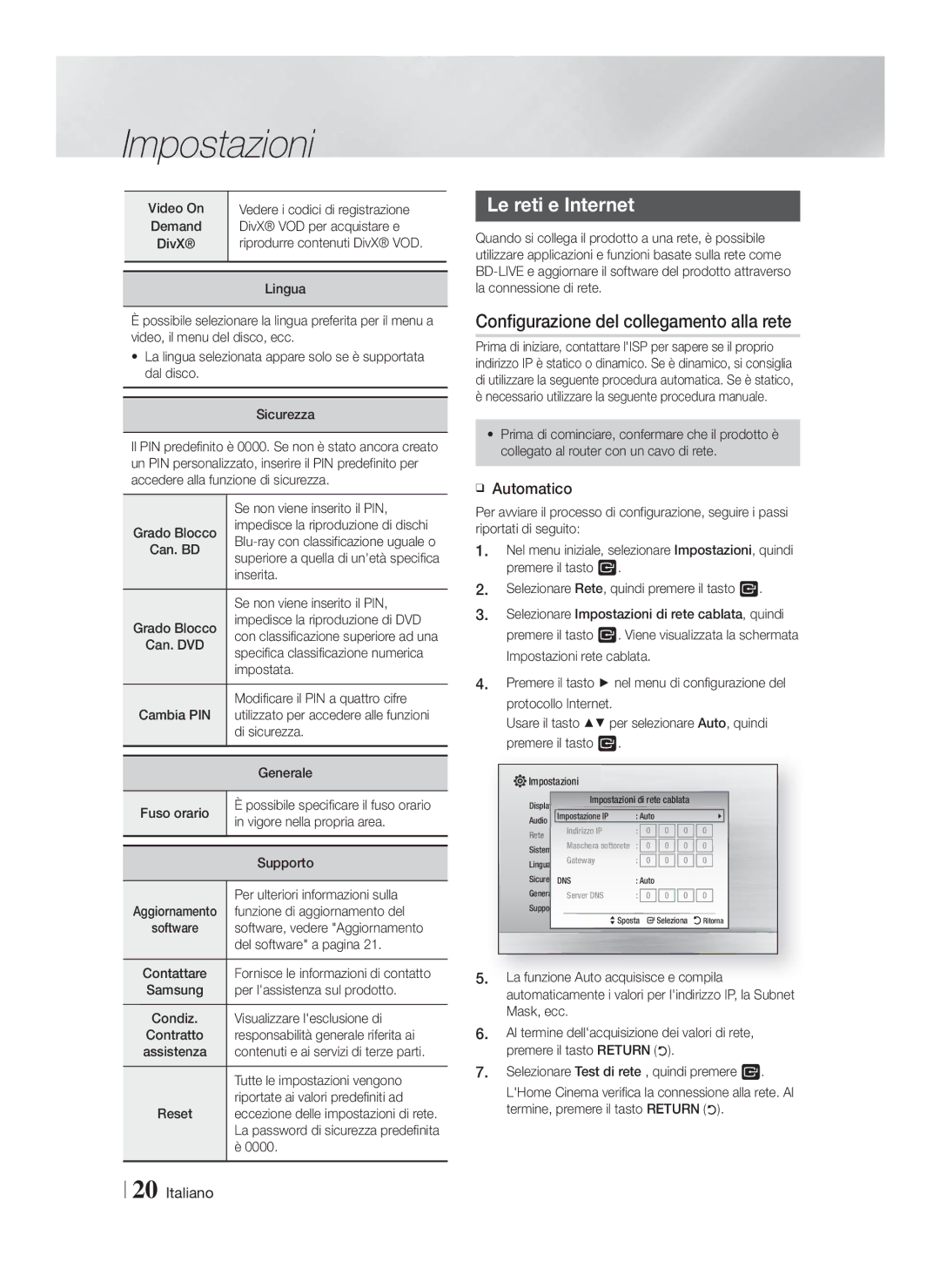 Samsung HT-F4500/XE, HT-F4500/TK, HT-F4550/TK Le reti e Internet, Configurazione del collegamento alla rete, Automatico 