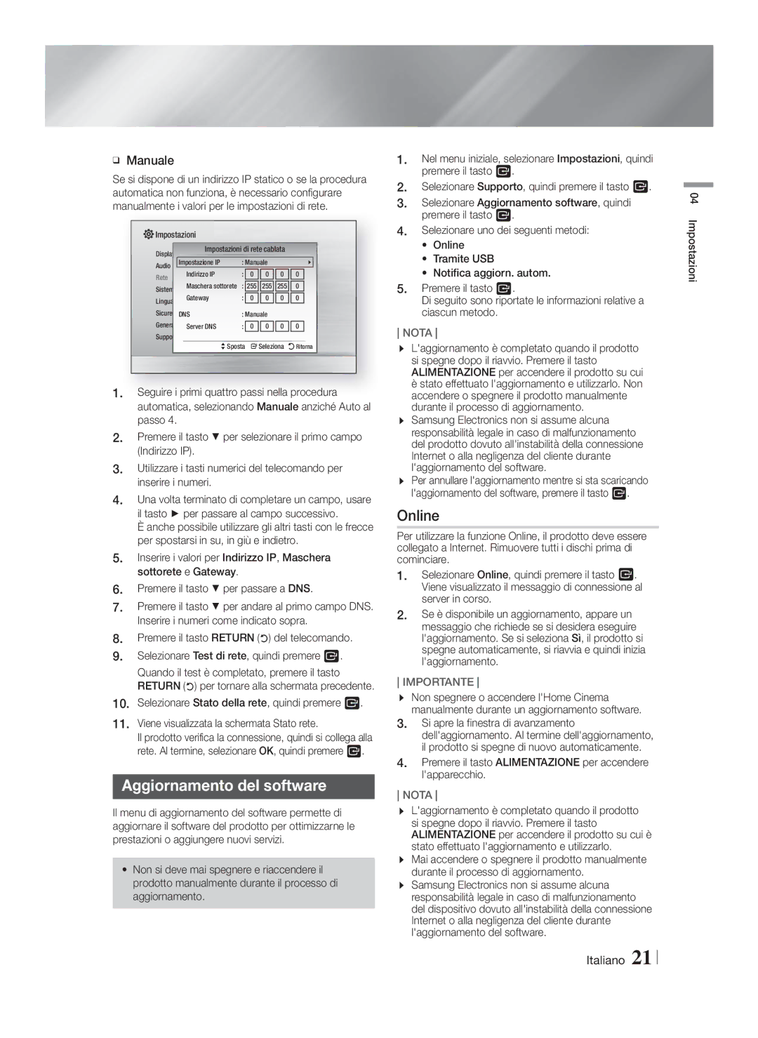 Samsung HT-F4500/TK manual Aggiornamento del software, Manuale, Premere il tasto Alimentazione per accendere lapparecchio 