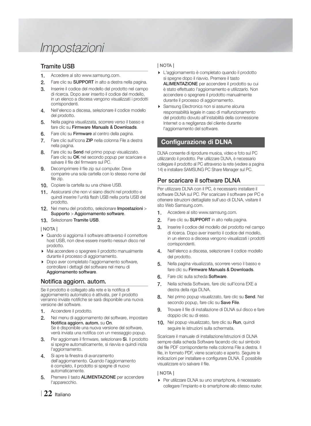 Samsung HT-F4550/TK manual Tramite USB, Notifica aggiorn. autom, Configurazione di Dlna, Per scaricare il software Dlna 