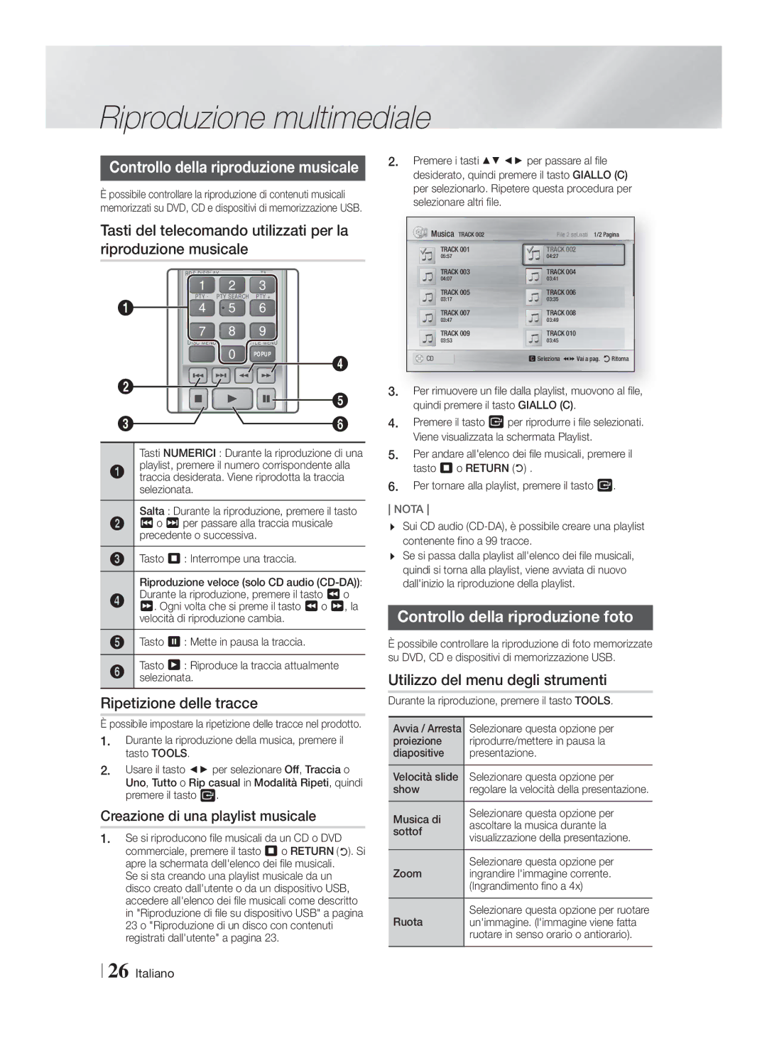 Samsung HT-F4500/ZF, HT-F4500/TK, HT-F4550/TK, HT-F4550/EN manual Ripetizione delle tracce, Controllo della riproduzione foto 