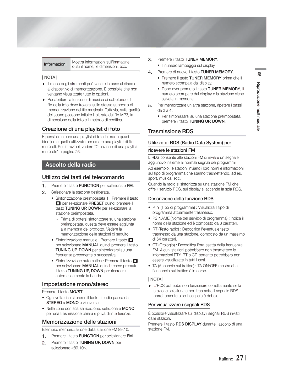 Samsung HT-F4550/SJ, HT-F4500/TK, HT-F4550/TK, HT-F4550/EN, HT-F4500/EN, HT-F4550/ZF, HT-F4500/ZF manual Ascolto della radio 