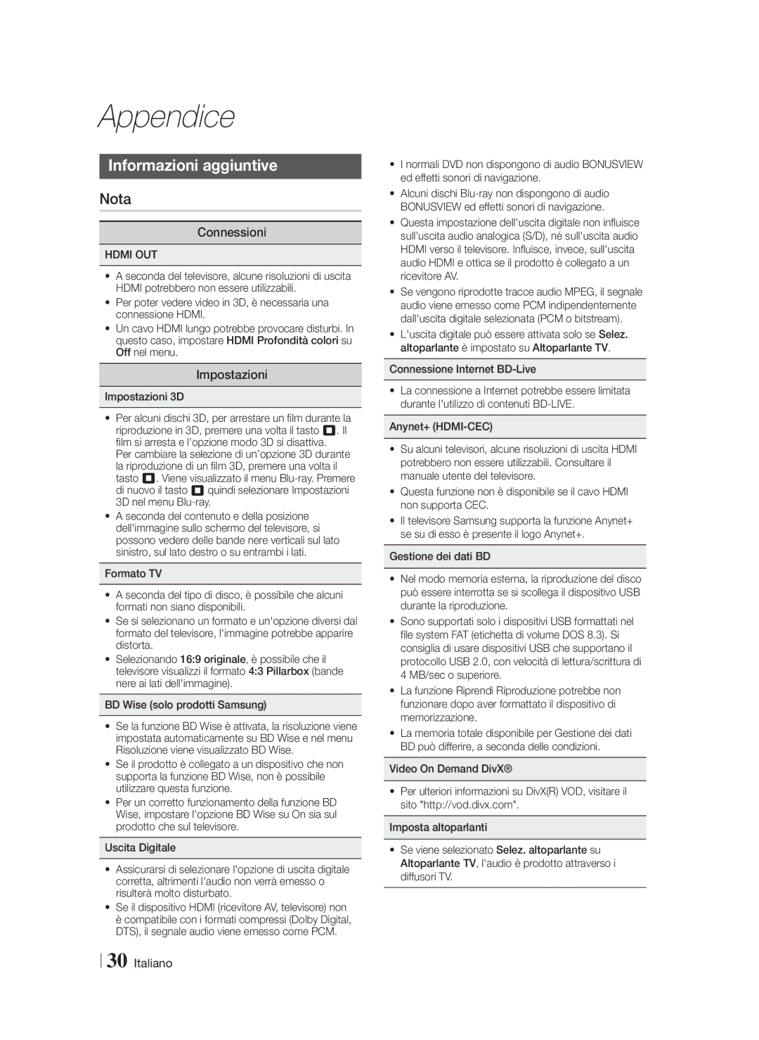 Samsung HT-F4500/TK, HT-F4550/TK, HT-F4550/EN manual Appendice, Informazioni aggiuntive, Nota, Connessioni, Impostazioni 