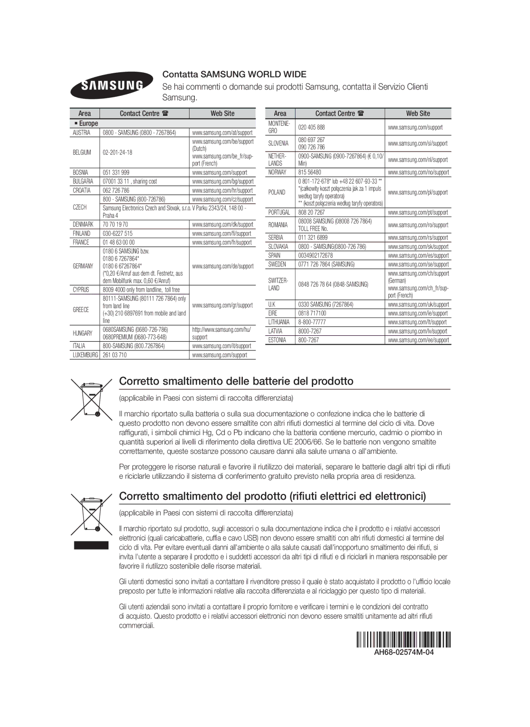 Samsung HT-F4500/XE, HT-F4500/TK, HT-F4550/TK, HT-F4550/EN, HT-F4500/EN manual Corretto smaltimento delle batterie del prodotto 