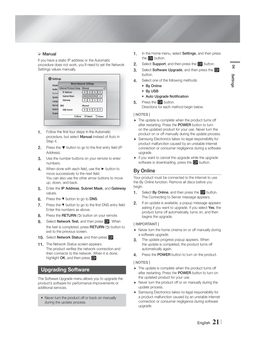 Samsung HT-F4500/EN, HT-F4500/TK, HT-F4550/TK, HT-F4550/EN, HT-F4550/ZF, HT-F4500/ZF Upgrading Software, By Online, Manual 