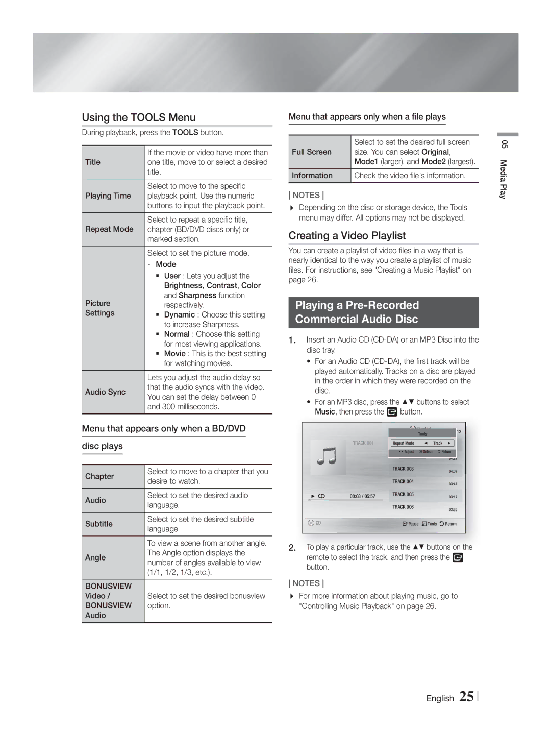 Samsung HT-F4550/XE manual Using the Tools Menu, Creating a Video Playlist, Playing a Pre-Recorded Commercial Audio Disc 