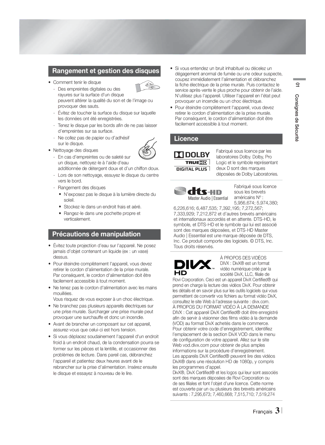 Samsung HT-F4500/ZF Rangement et gestion des disques, Précautions de manipulation, Fabriqué sous licence Sous les brevets 