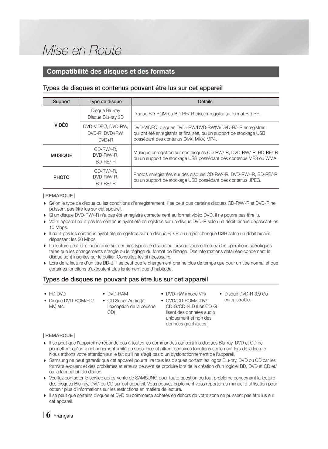 Samsung HT-F4500/XE, HT-F4500/TK, HT-F4550/TK, HT-F4550/EN manual Mise en Route, Compatibilité des disques et des formats 