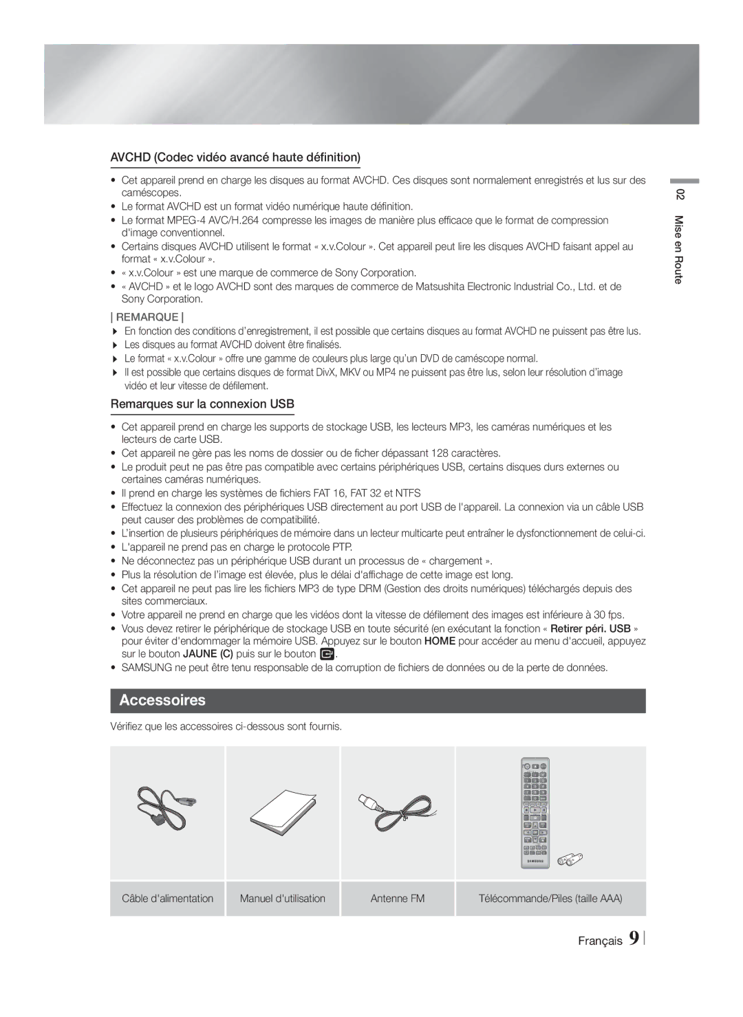 Samsung HT-F4550/EN, HT-F4500/TK Accessoires, Avchd Codec vidéo avancé haute définition, Remarques sur la connexion USB 