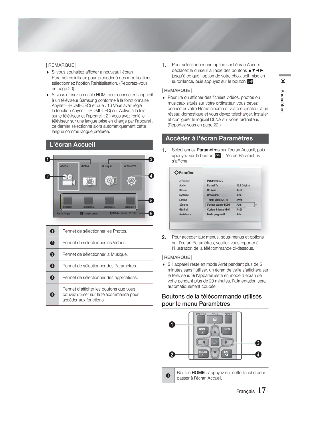 Samsung HT-F4550/TK, HT-F4500/TK, HT-F4550/EN, HT-F4500/EN, HT-F4550/ZF manual Lécran Accueil, Accéder à lécran Paramètres 