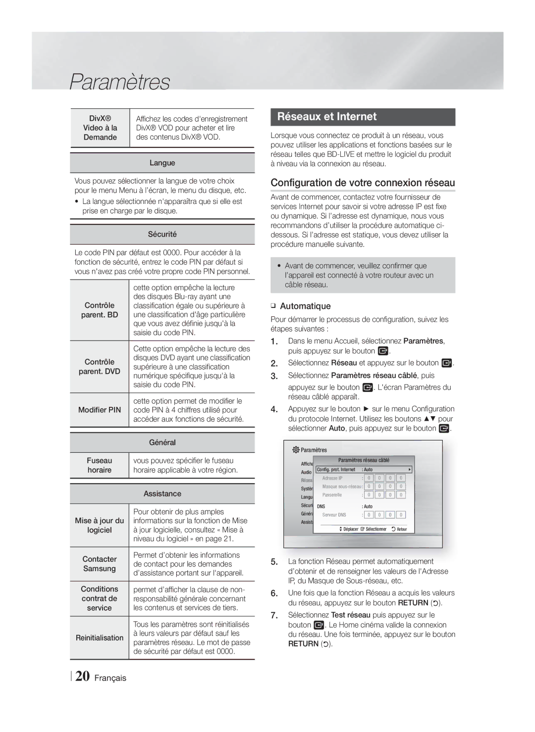 Samsung HT-F4550/ZF, HT-F4500/TK, HT-F4550/TK Réseaux et Internet, Configuration de votre connexion réseau, Automatique 