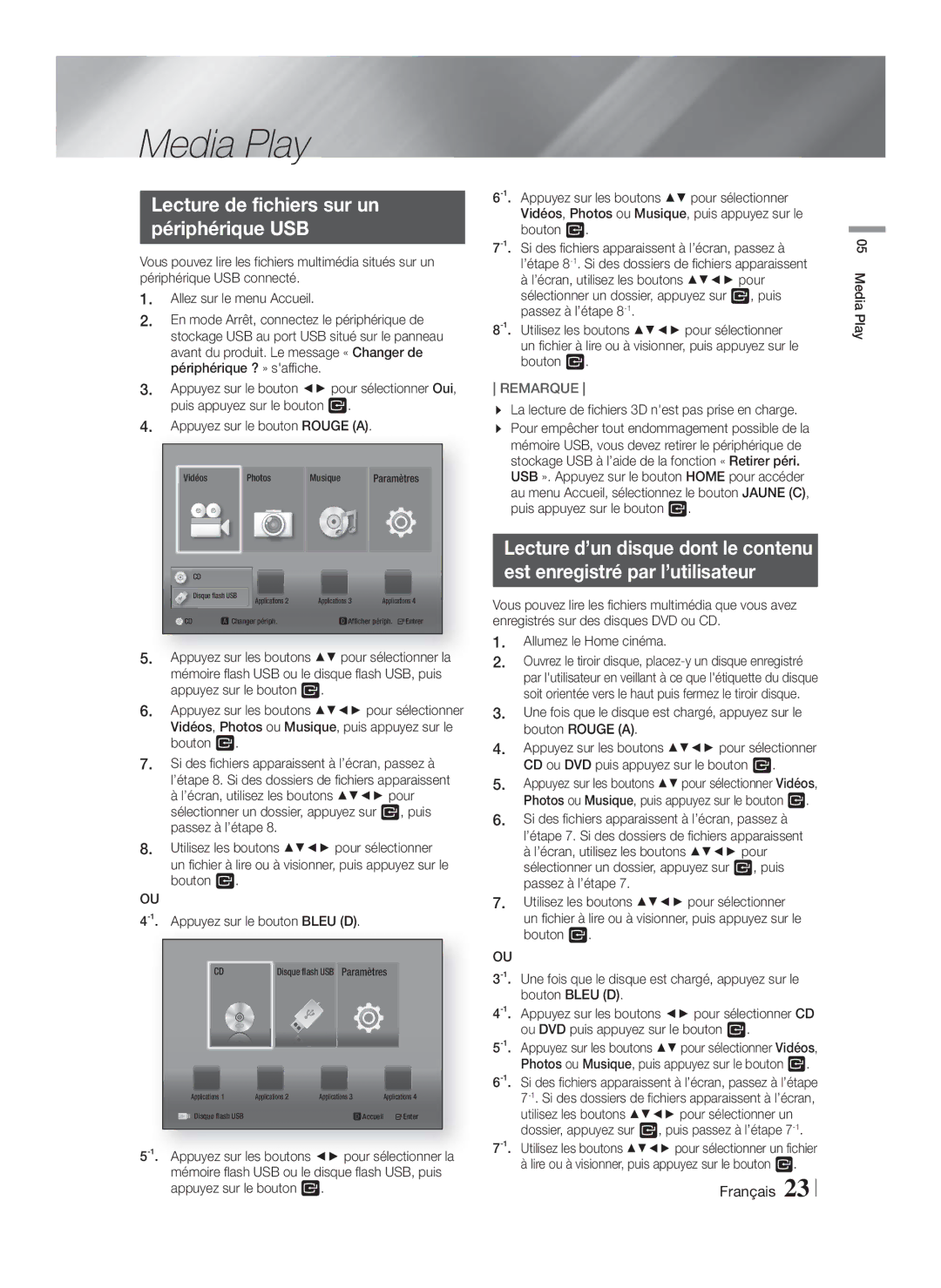 Samsung HT-F4550/XE, HT-F4500/TK, HT-F4550/TK, HT-F4550/EN manual Media Play, Lecture de fichiers sur un Périphérique USB 