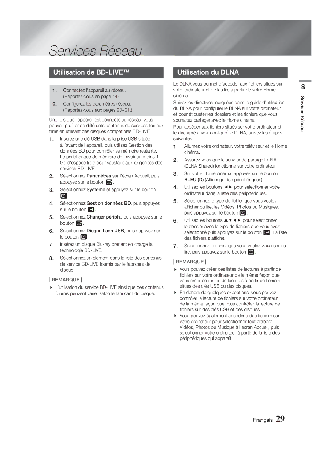 Samsung HT-F4550/ZF, HT-F4500/TK, HT-F4550/TK, HT-F4550/EN manual Services Réseau, Utilisation de BD-LIVE, Utilisation du Dlna 