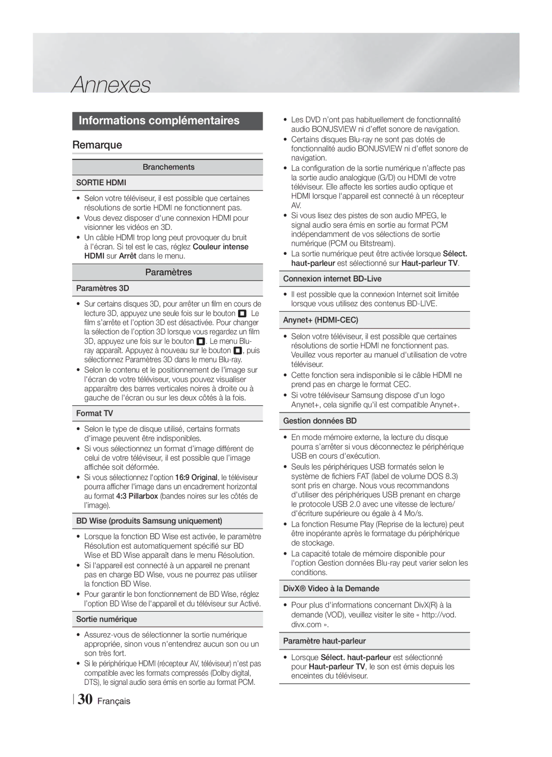 Samsung HT-F4500/ZF, HT-F4500/TK, HT-F4550/TK manual Annexes, Informations complémentaires, Remarque, Paramètres, Sortie Hdmi 