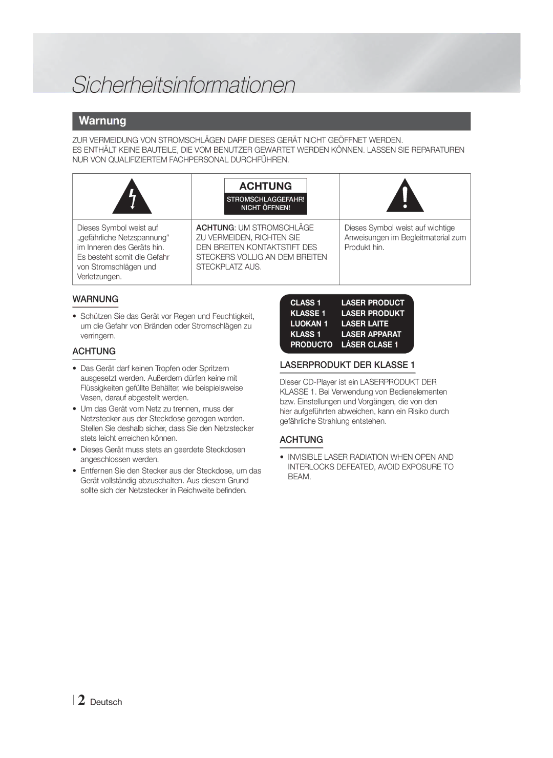 Samsung HT-F4550/SJ, HT-F4500/TK, HT-F4550/TK, HT-F4550/EN, HT-F4500/EN, HT-F4550/ZF manual Sicherheitsinformationen, Warnung 