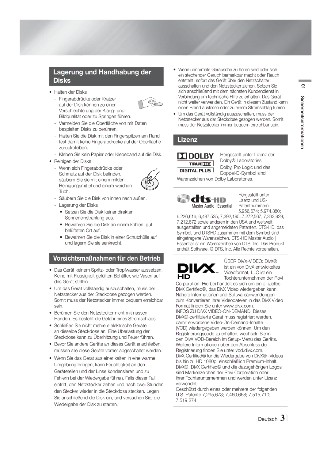 Samsung HT-F4550/XE, HT-F4500/TK Lagerung und Handhabung der Disks, Lizenz, Halten der Disks, Videoformat, LLC ist ein 