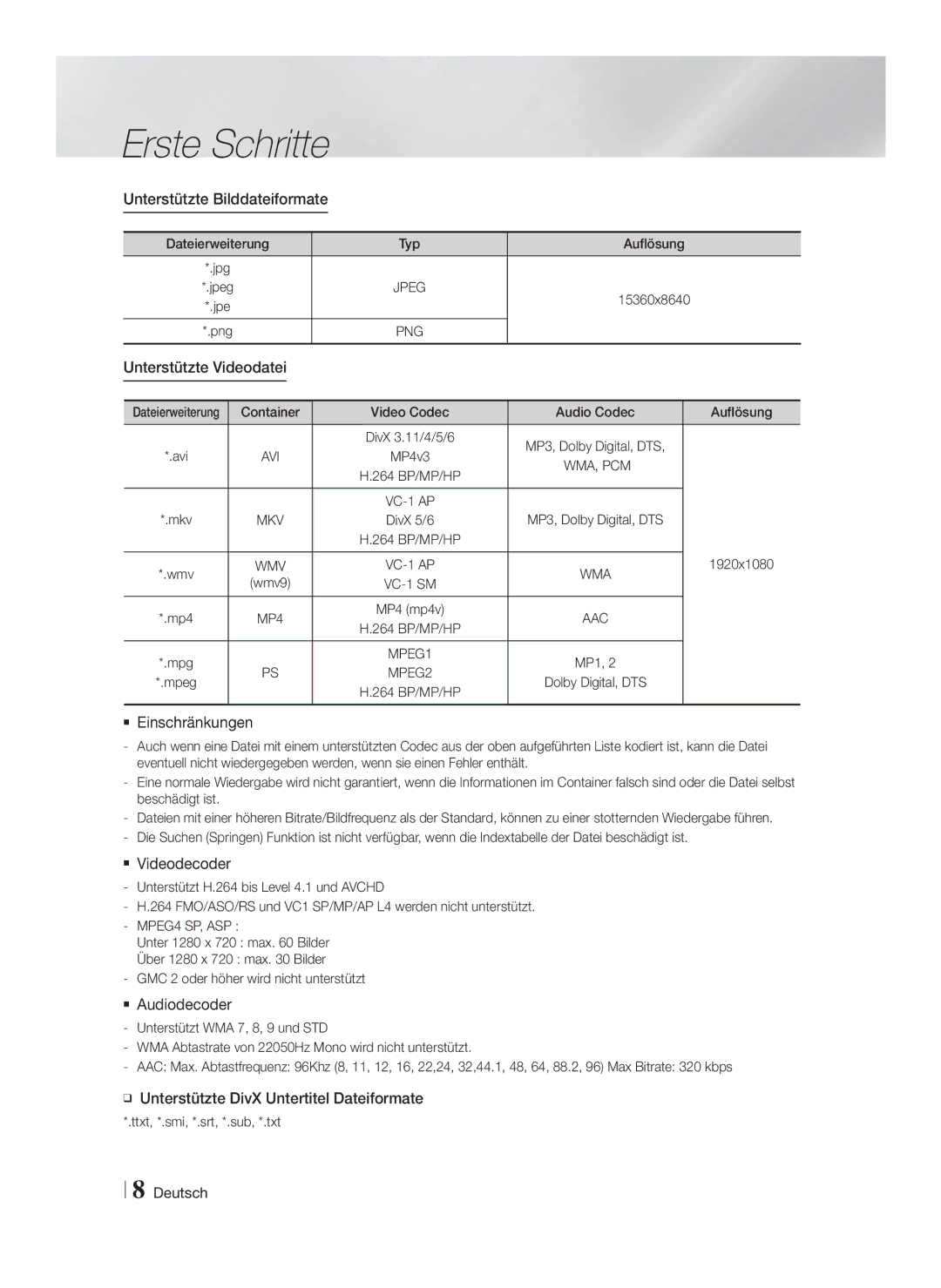 Samsung HT-F4500/EN, HT-F4500/TK manual Unterstützte Bilddateiformate,  Einschränkungen,  Videodecoder,  Audiodecoder 