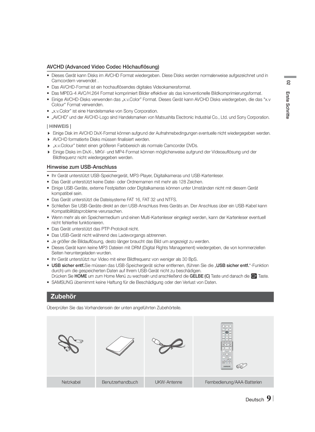 Samsung HT-F4550/ZF, HT-F4500/TK, HT-F4550/TK Zubehör, Avchd Advanced Video Codec Höchauflösung, Hinweise zum USB-Anschluss 