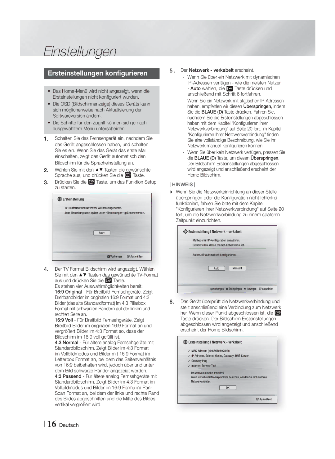 Samsung HT-F4550/EN, HT-F4500/TK manual Einstellungen, Ersteinstellungen konfigurieren, Der Netzwerk verkabelt erscheint 