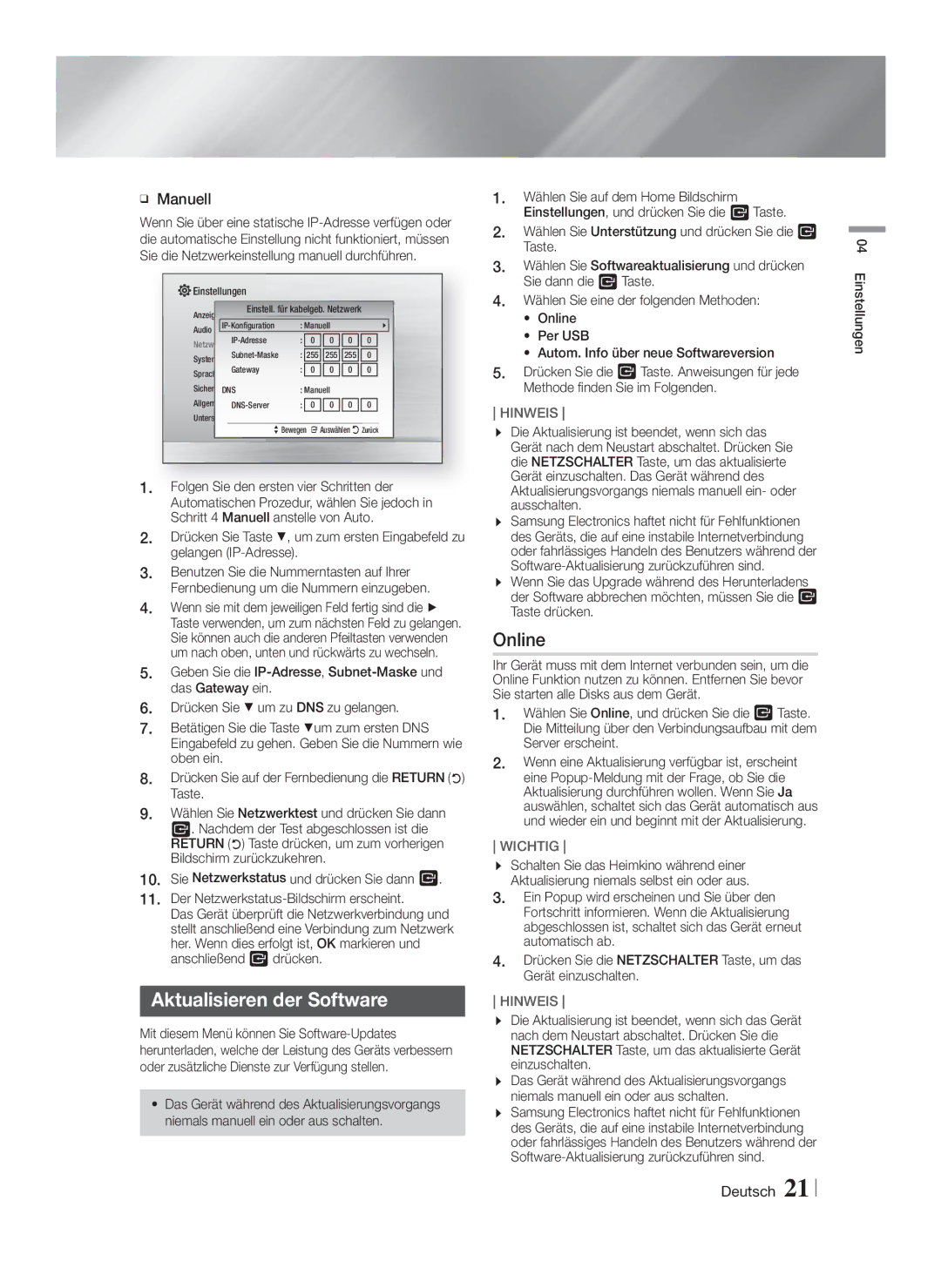 Samsung HT-F4550/XE, HT-F4500/TK, HT-F4550/TK, HT-F4550/EN, HT-F4500/EN manual Aktualisieren der Software, Online, Manuell 