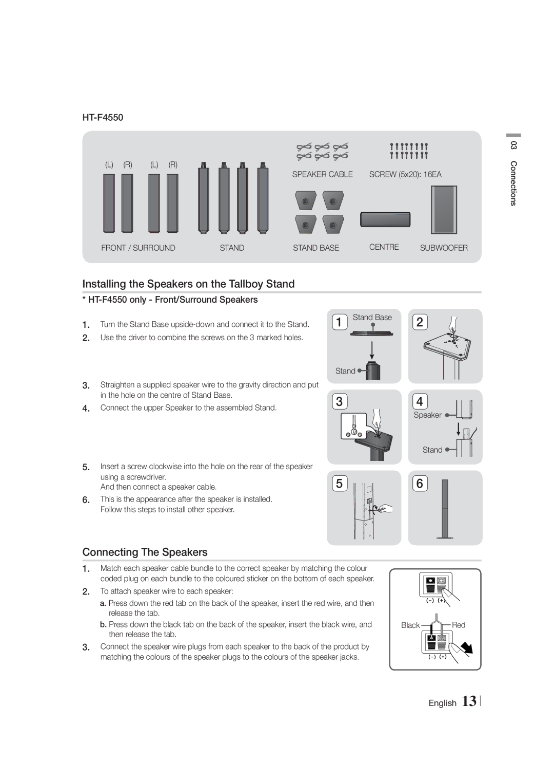 Samsung HT-F4550/ZF, HT-F4500/TK, HT-F4550/TK manual Installing the Speakers on the Tallboy Stand, Connecting The Speakers 