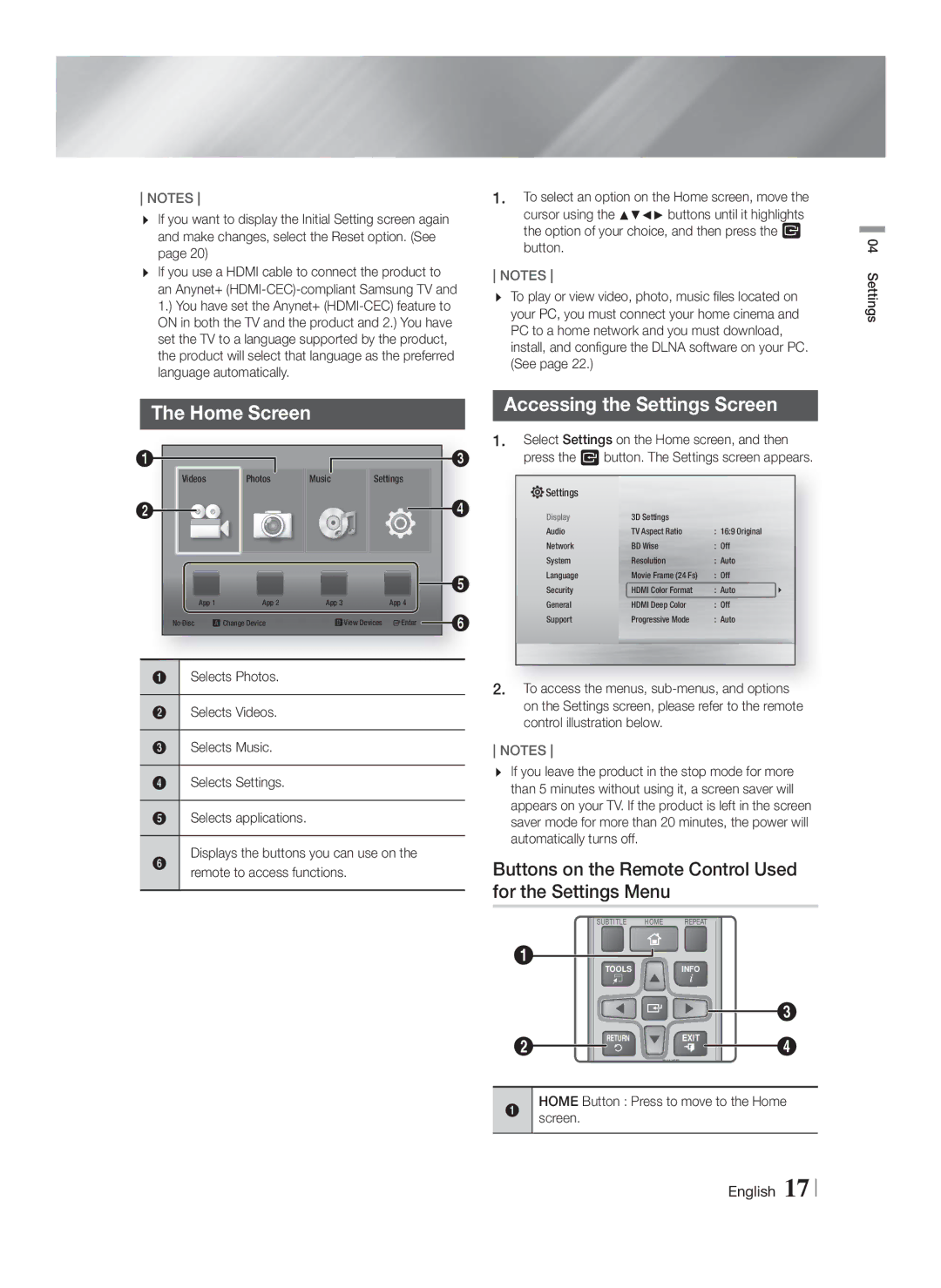 Samsung HT-F4500/XE, HT-F4500/TK, HT-F4550/TK manual Home Screen, Buttons on the Remote Control Used for the Settings Menu 