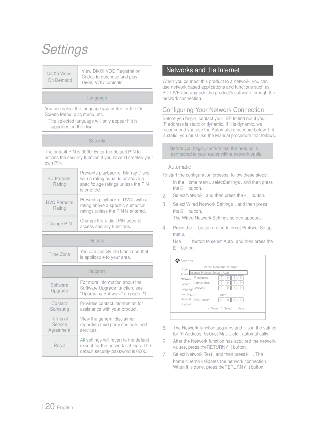 Samsung HT-F4550/EN, HT-F4500/TK, HT-F4550/TK Networks and the Internet, Configuring Your Network Connection, Automatic 