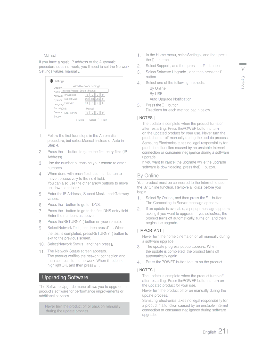 Samsung HT-F4500/EN, HT-F4500/TK, HT-F4550/TK, HT-F4550/EN, HT-F4550/ZF, HT-F4500/ZF Upgrading Software, By Online, Manual 