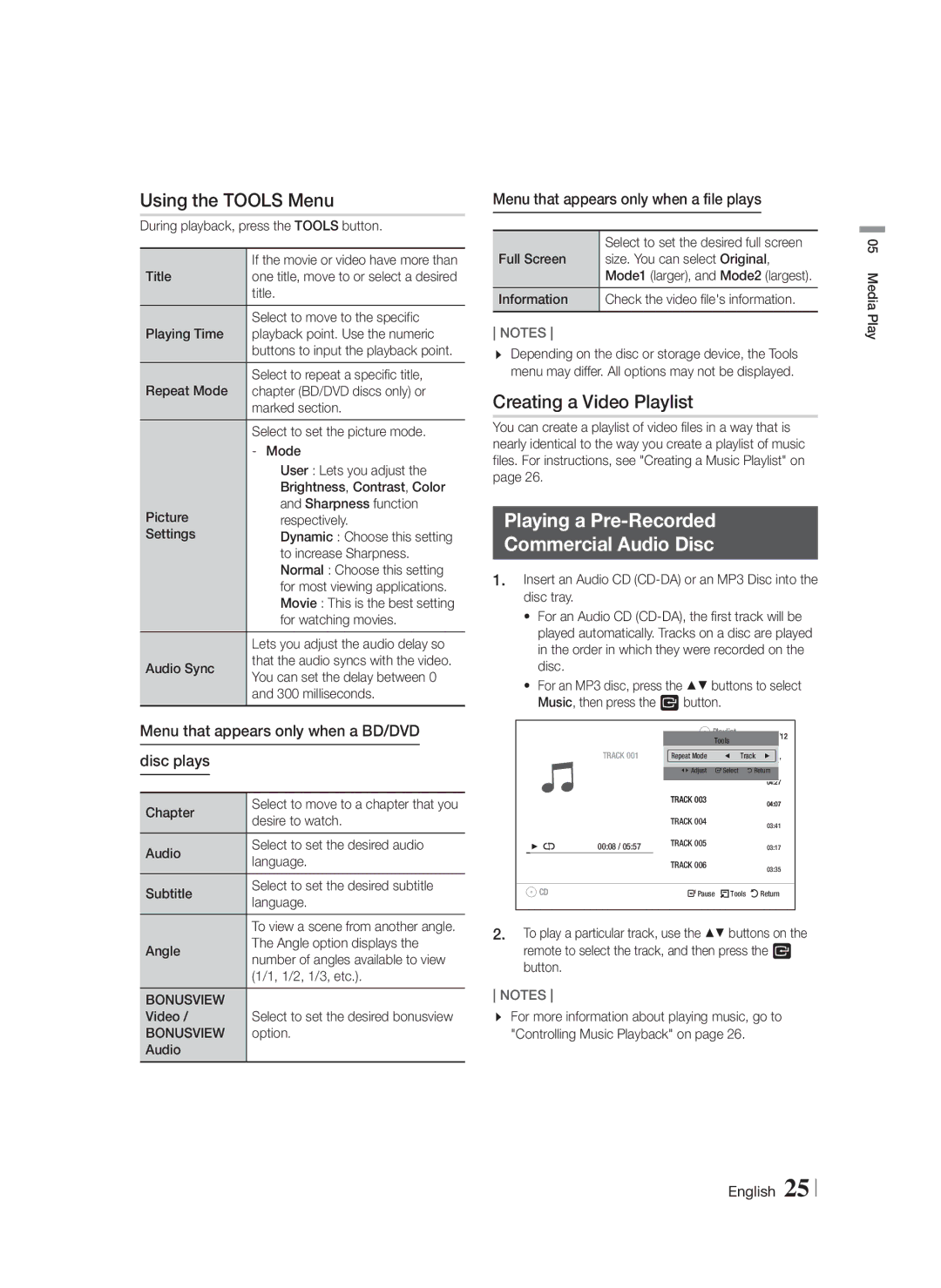 Samsung HT-F4550/XE manual Using the Tools Menu, Creating a Video Playlist, Playing a Pre-Recorded Commercial Audio Disc 