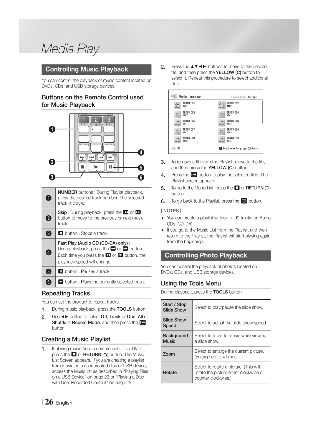 Samsung HT-F4500/XE Controlling Music Playback, Buttons on the Remote Control used for Music Playback, Repeating Tracks 