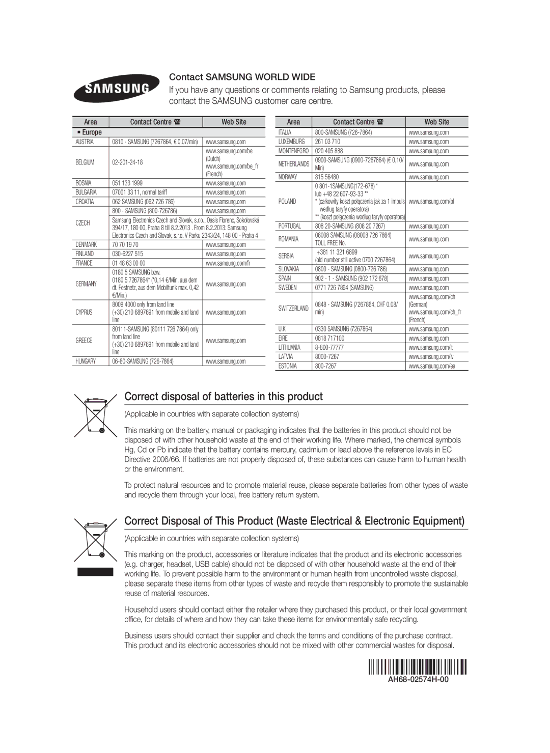Samsung HT-F4550/EN Correct disposal of batteries in this product, Area Contact Centre  Web Site ` Europe, AH68-02574H-00 
