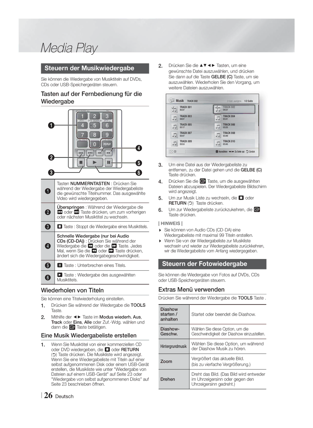 Samsung HT-F4500/TK Steuern der Musikwiedergabe, Tasten auf der Fernbedienung für die Wiedergabe, Wiederholen von Titeln 