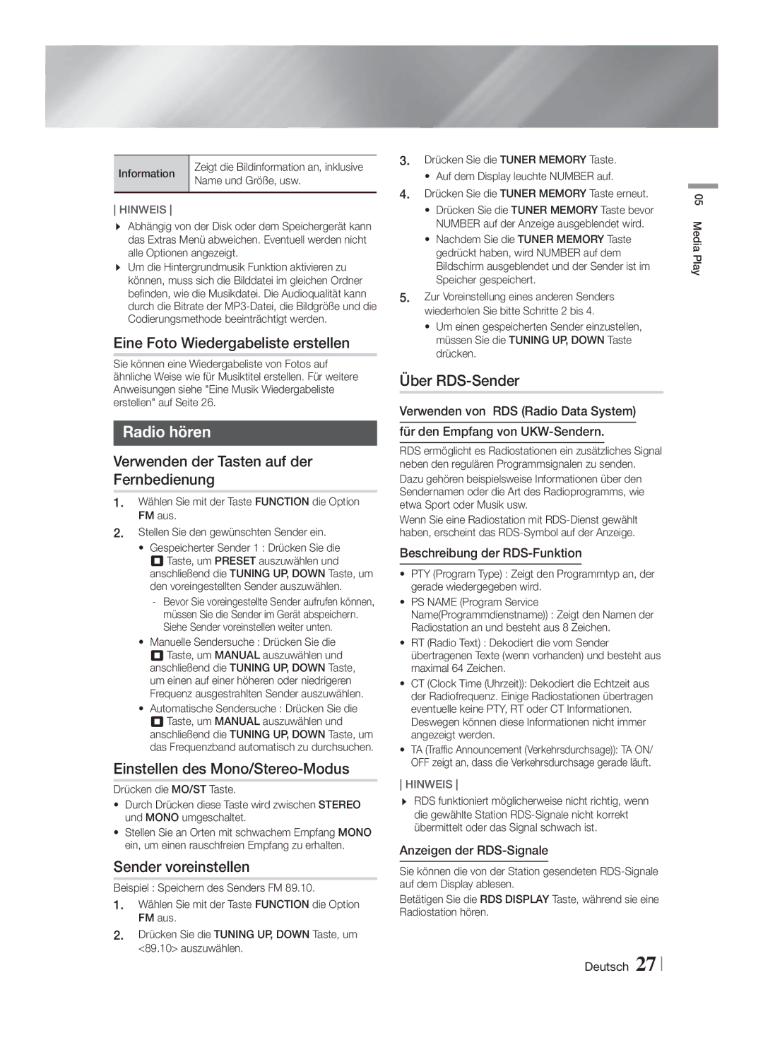 Samsung HT-F4550/TK, HT-F4500/TK, HT-F4550/EN, HT-F4500/EN, HT-F4550/ZF, HT-F4500/ZF manual Radio hören 