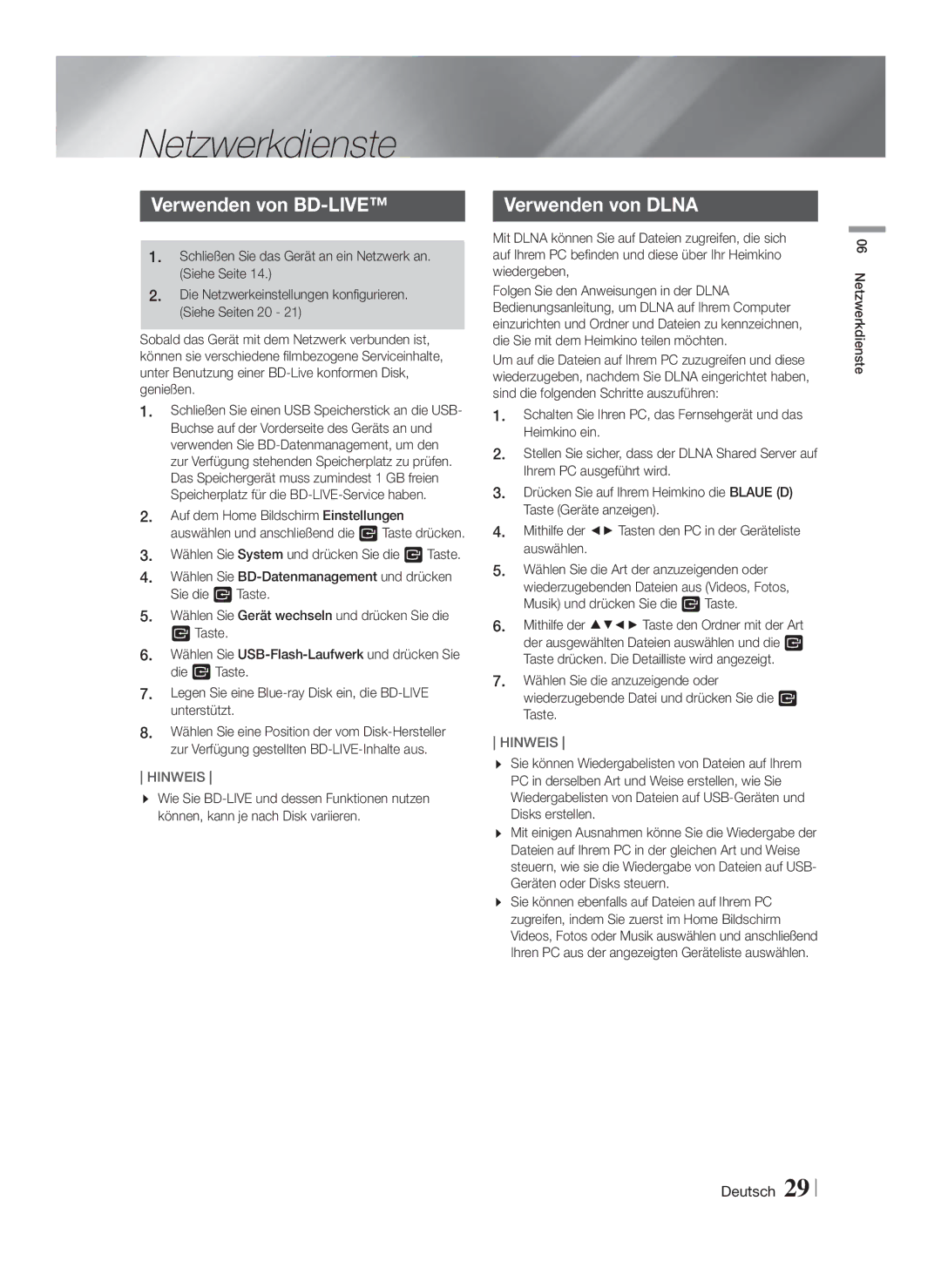 Samsung HT-F4500/EN, HT-F4500/TK, HT-F4550/TK, HT-F4550/EN manual Netzwerkdienste, Verwenden von BD-LIVE, Verwenden von Dlna 