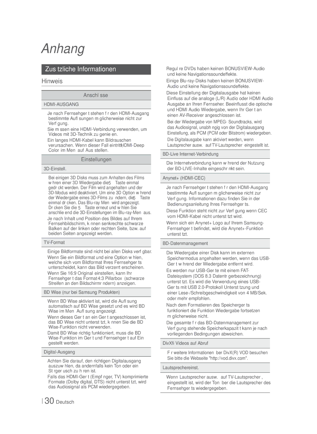 Samsung HT-F4550/ZF, HT-F4500/TK, HT-F4550/TK manual Anhang, Zusätzliche Informationen, Hinweis, Anschlüsse, Einstellungen 