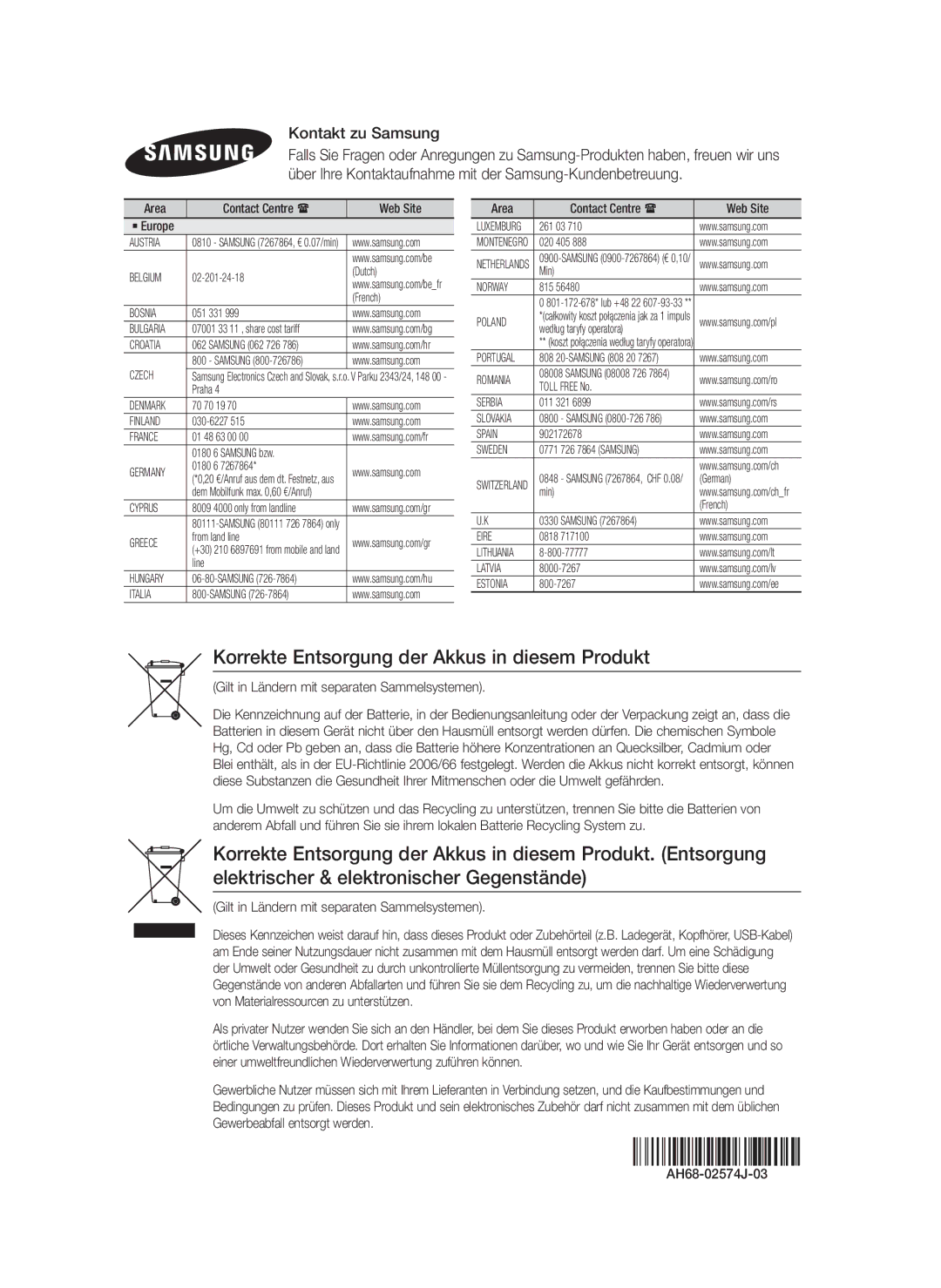 Samsung HT-F4500/TK, HT-F4550/TK, HT-F4550/EN manual Korrekte Entsorgung der Akkus in diesem Produkt, Kontakt zu Samsung 