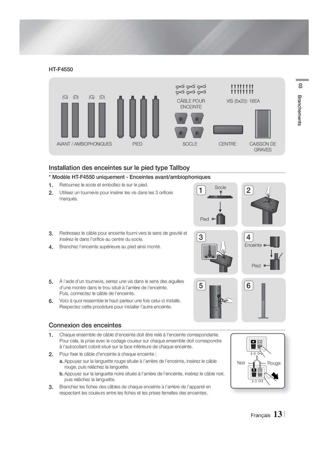 Samsung HT-F4550/TK, HT-F4500/TK, HT-F4550/EN Installation des enceintes sur le pied type Tallboy, Connexion des enceintes 