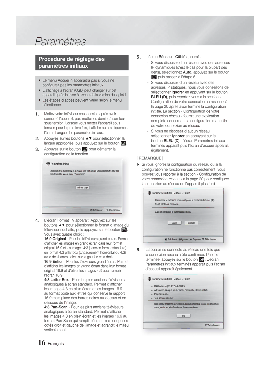 Samsung HT-F4550/ZF, HT-F4500/TK manual Procédure de réglage des Paramètres initiaux, Lécran Réseau Câblé apparaît 