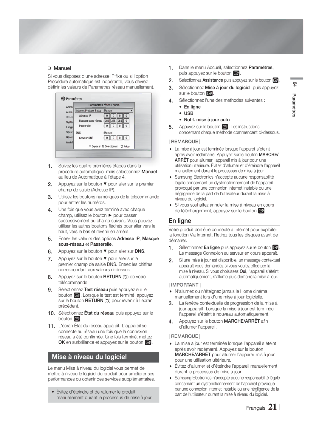 Samsung HT-F4500/EN, HT-F4500/TK, HT-F4550/TK Mise à niveau du logiciel, En ligne, Manuel, Usb, Notif. mise à jour auto 