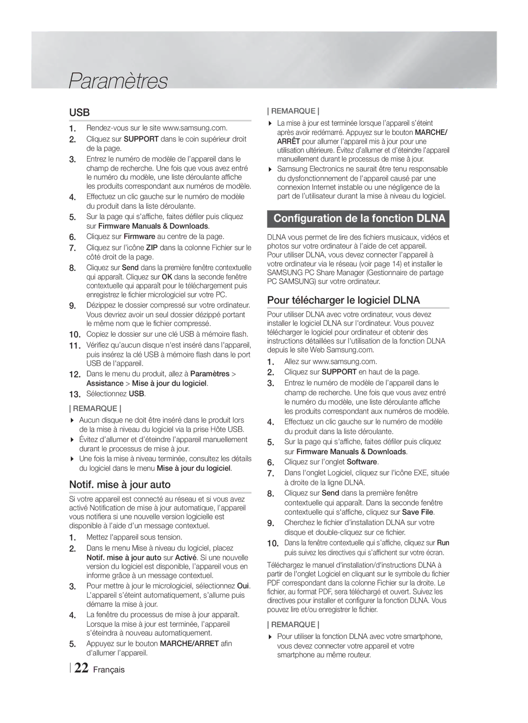 Samsung HT-F4550/ZF manual Notif. mise à jour auto, Configuration de la fonction Dlna, Pour télécharger le logiciel Dlna 