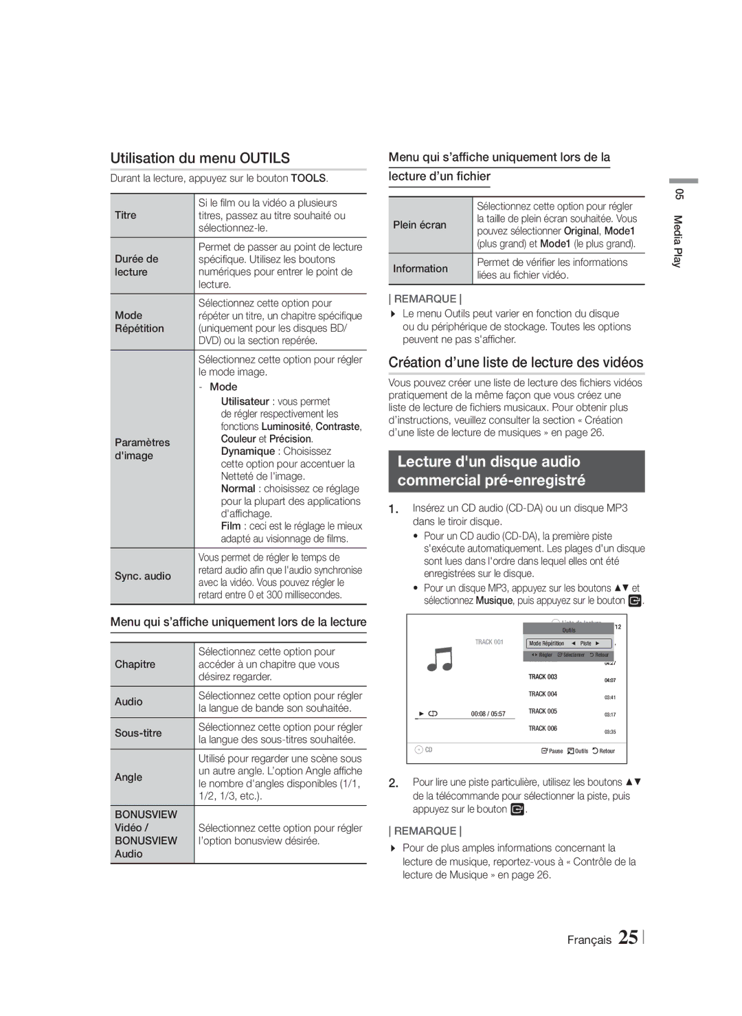 Samsung HT-F4550/TK, HT-F4500/TK manual Utilisation du menu Outils, Création d’une liste de lecture des vidéos, Bonusview 