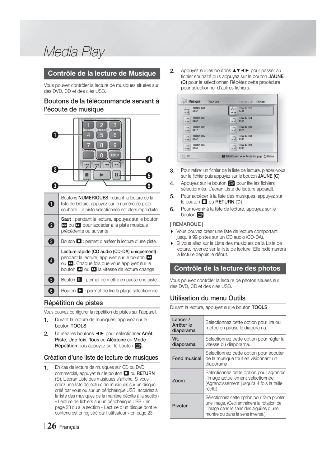 Samsung HT-F4550/EN manual Contrôle de la lecture de Musique, Boutons de la télécommande servant à lécoute de musique 