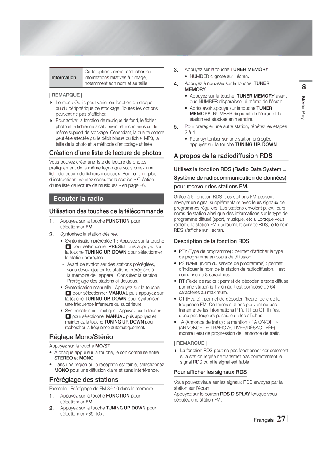 Samsung HT-F4500/EN, HT-F4500/TK manual Création d’une liste de lecture de photos, Ecouter la radio, Réglage Mono/Stéréo 