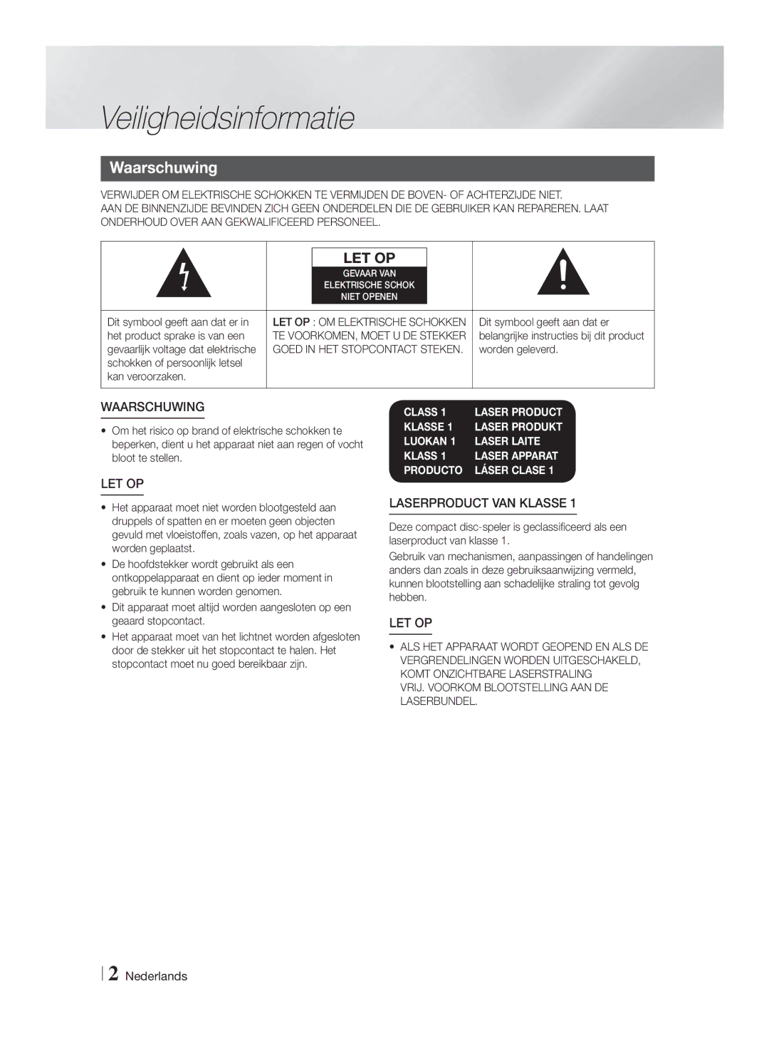 Samsung HT-F4550/ZF, HT-F4500/TK manual Veiligheidsinformatie, Waarschuwing, VRIJ. Voorkom Blootstelling AAN DE Laserbundel 