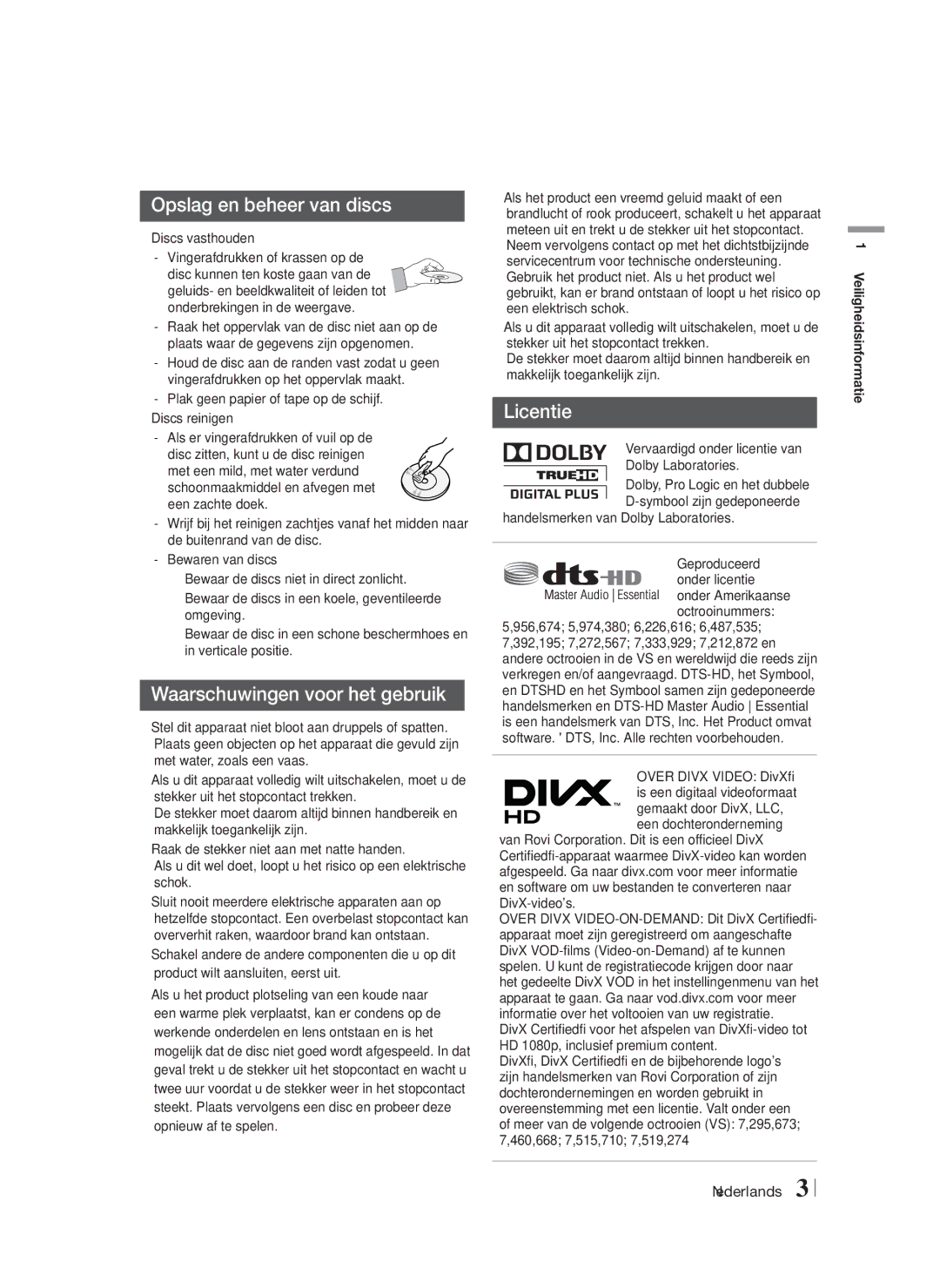 Samsung HT-F4500/ZF manual Opslag en beheer van discs, Waarschuwingen voor het gebruik, Licentie, Veiligheidsinformatie 